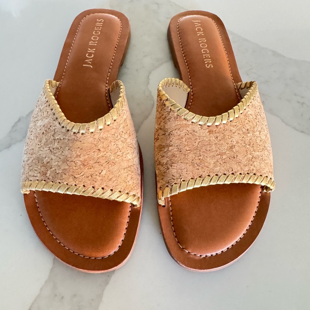 Jack Rogers Cork and Gold Slide Sandals